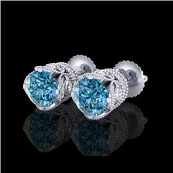 3 ctw Fancy Intense Blue Diamond Art Deco Earrings 18K White Gold