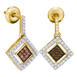10kt Yellow Gold Round Brown Diamond Square Dangle Earrings 1/2 Cttw