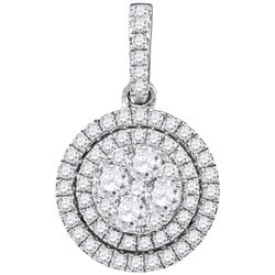 14kt White Gold Round Diamond Double Frame Flower Cluster Pendant 7/8 Cttw