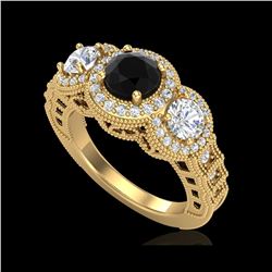 2.16 ctw Fancy Black Diamond Art Deco 3 Stone Ring 18K Yellow Gold