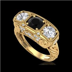 2.51 ctw Fancy Black Diamond Art Deco 3 Stone Ring 18K Yellow Gold
