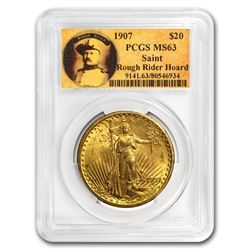 1907 $20 Saint-Gaudens Gold No Motto MS-63 PCGS (Rough Rider)