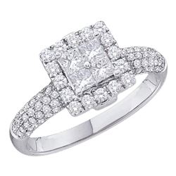 14kt White Gold Princess Diamond Cluster Halo Bridal Wedding Engagement Ring 1.00 Cttw