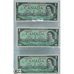 1967 LOT OF 3 IN SEQUENCE CANADA $1 DOLLAR NOTES