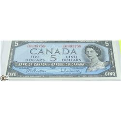 1954 $5 CANADIAN BILL SERIAL #IS6893759
