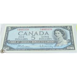 1954 $5 CANADIAN BILL SERIAL #NX4805358