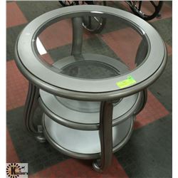 NEW 3 SHELF WOOD ROUND SILVER & GRAY END TABLE