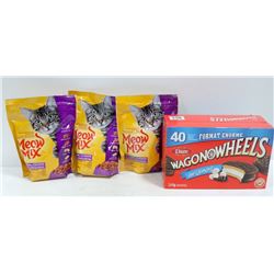 BOX OF MEOW MIX CAT FOOD & WAGON WHEELS