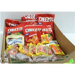 BOX OF WAGON WHEELS, DADS COOKIES, CHEEZ-IT SNACKS