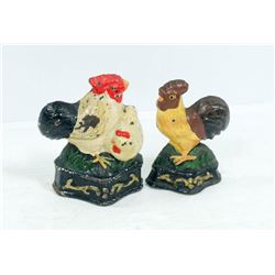 PAIR OF ANTIQUE CAST IRON CHICKENS/ ROOSTERS