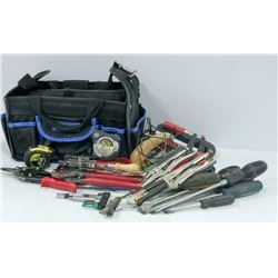 BOX W/ MASTERCRAFT TOOL BAG AND VARIOUS TOOLS.