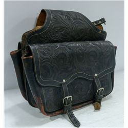MOTORCYLCE SADDLEBAGS- HAND TOOLED LEATHER- BLACK