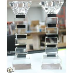 PAIR OF CRYSTAL CANDLE HOLDERS WITH BALCK ACCENTS