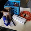 Image 1 : BLUE CRATE, 2 BOTTLE JACKS, DOOR CLOSER, EXTENTION CORD, AND MEASURING TAPES