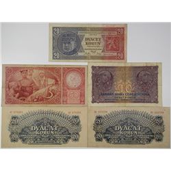 Czechoslovak National Bank, 1925; 1927; 1929; 1944 Banknote Quintet.