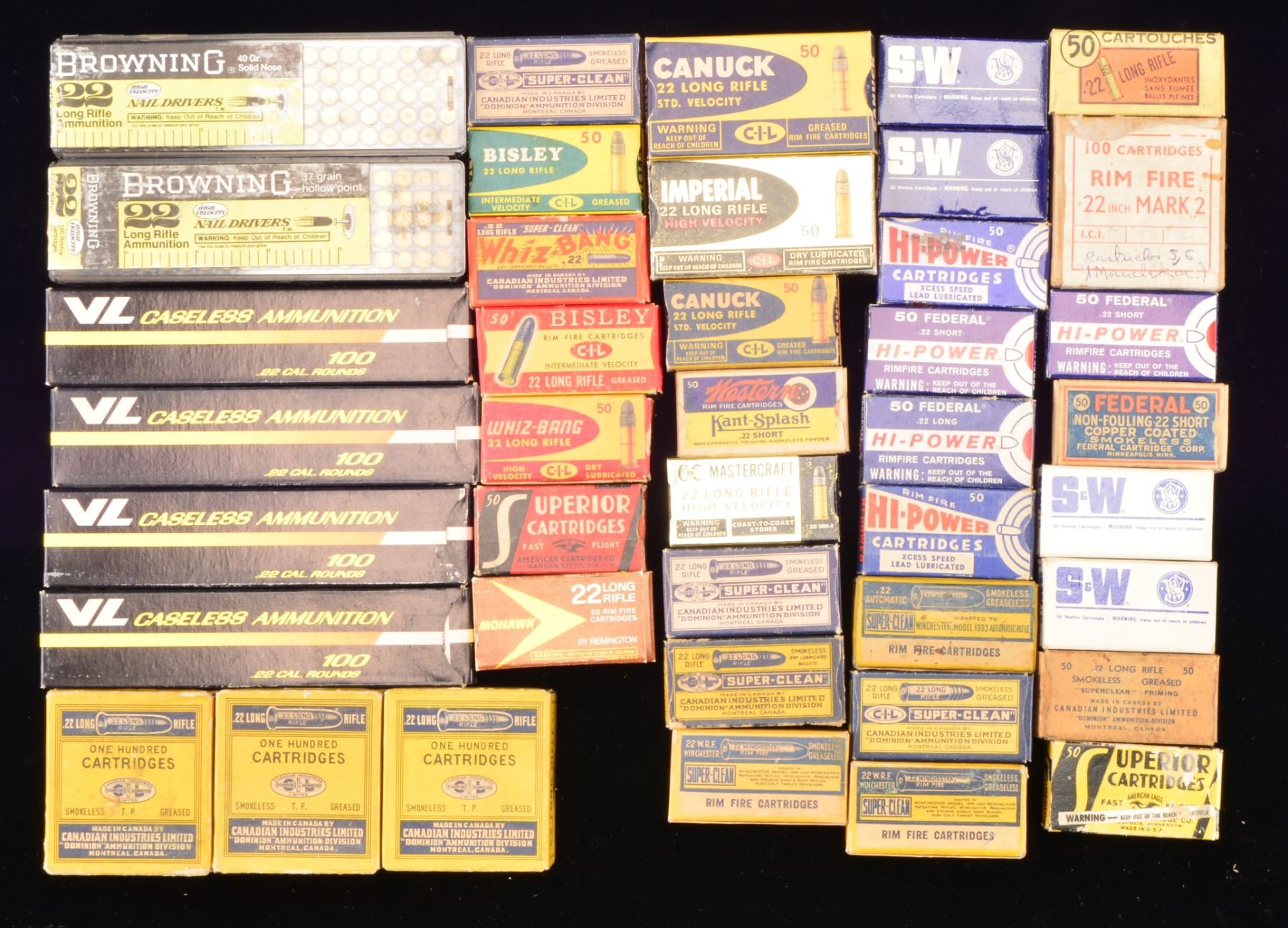 LARGE LOT OF COLLECTIBLE RIMFIRE & CASELESS AMMO.