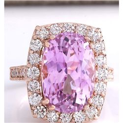 12.33 CTW Natural Kunzite And Diamond Ring 14K Solid Rose Gold