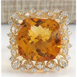 13.50 CTW Natural Citrine And Diamond Ring In 14K Yellow Gold