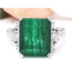 6.10 CTW Natural Emerald 18K Solid White Gold Diamond Ring