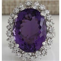 15.83 CTW Natural Amethyst And Diamond Ring In 14K Solid White Gold