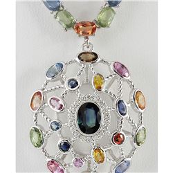 51.62 CTW Natural Sapphire And Diamond Necklace In 14K White Gold