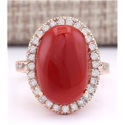 5.90 CTW Natural Coral And Diamond Ring In 14k Rose Gold