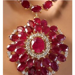 65.00 CTW Natural Ruby And Diamond Necklace In 14K Yellow Gold