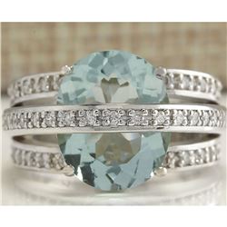 6.46 CTW Natural Aquamarine And Diamond Ring In 18K Solid White Gold