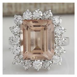 7.92CTW Natural Peach Morganite And Diamond Ring In 14K Solid White Gold