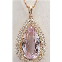 38.92 CTW Natural Kunzite And Diamond Pendant In 18K Solid Rose Gold