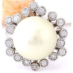 14.65 mm White South Sea Pearl 18K Solid White Gold Diamond Ring