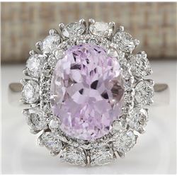 6.20 CTW Natural Kunzite And Diamond Ring 18K Solid White Gold