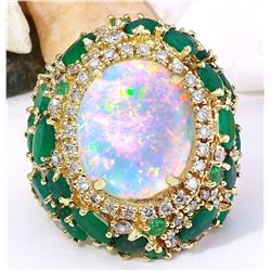 23.55 CTW Natural Opal, Emerald 14K Solid Yellow Gold Diamond Ring
