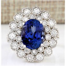 5.51 CTW Natural Blue Tanzanite And Diamond Ring 18K Solid White Gold