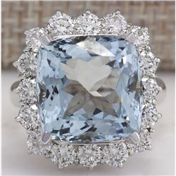 12.11 CTW Natural Aquamarine And Diamond Ring In 18K Solid White Gold