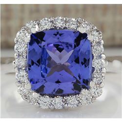 5.33 CTW Natural Blue Tanzanite And Diamond Ring 18K Solid White Gold