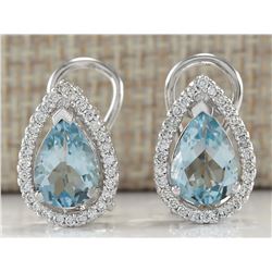 3.41 CTW Natural Blue Aquamarine And Diamond Earrings 18K Solid White Gold
