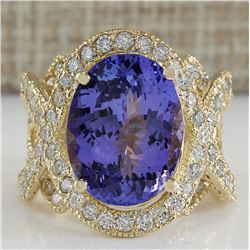 10.62 CTW Natural Blue Tanzanite And Diamond Ring In 18K Solid Yellow Gold