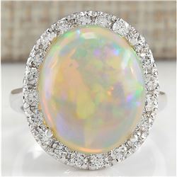 8.30 CTW Natural Opal And Diamond Ring 18K Solid White Gold