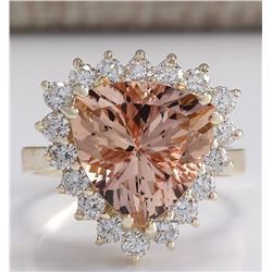 6.27 CTW Natural Peach Morganite And Diamond Ring In 18K Solid Yellow Gold