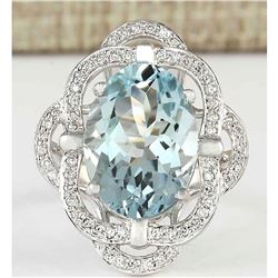 6.97 CTW Natural Aquamarine And Diamond Ring In 18K White Gold