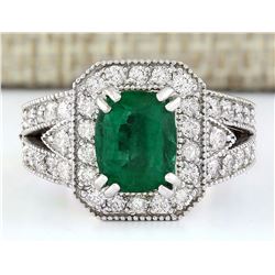 3.17 CTW Natural Emerald 14K Solid White Gold Diamond Ring