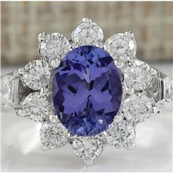 3.16 CTW Natural Tanzanite And Diamond Ring 18K Solid White Gold