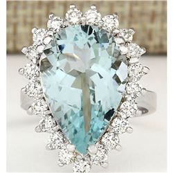 8.62 CTW Natural Aquamarine And Diamond Ring In 18K Solid White Gold