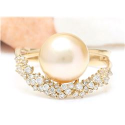 3.48 mm Gold South Sea Pearl 18K Solid Yellow Gold Diamond Ring