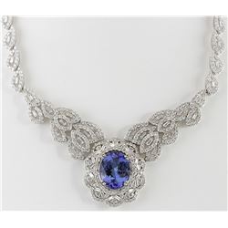31.51 CTW Natural Tanzanite And Diamond Necklace 18K Solid White Gold