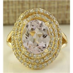 6.07 CTW Natural Peach Morganite And Diamond Ring In 18K Solid Yellow Gold