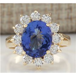 4.33 CTW Natural Blue Tanzanite And Diamond Ring 18K Solid Yellow Gold