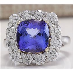 6.91 CTW Natural Blue Tanzanite And Diamond Ring 18K Solid White Gold