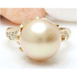 12.45 mm White South Sea Pearl 14K Solid Yellow Gold Diamond Ring